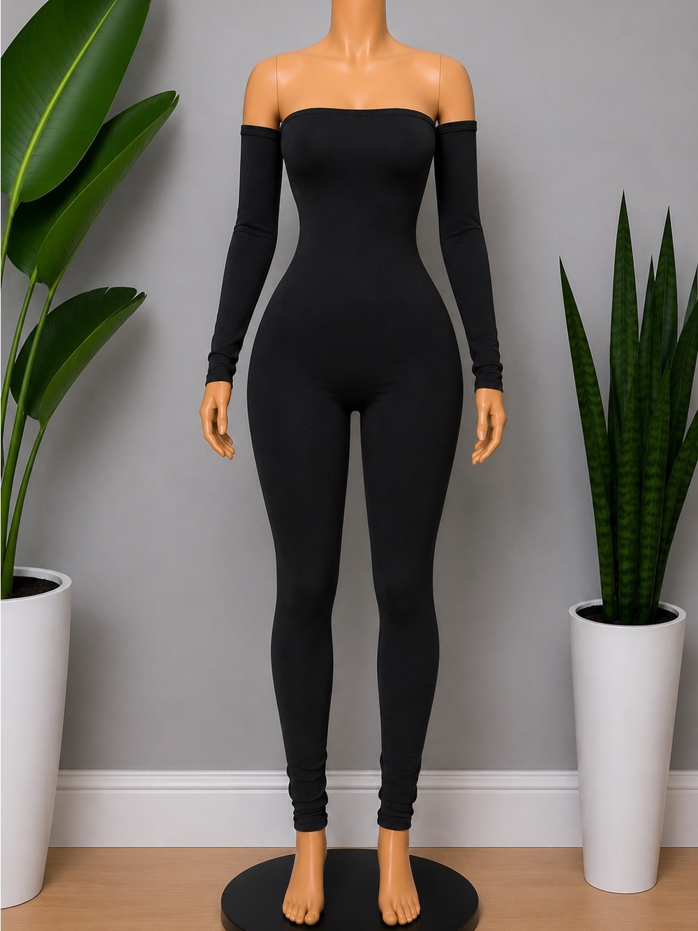 Off-Shoulder Long Sleeve Black Jumpsuit